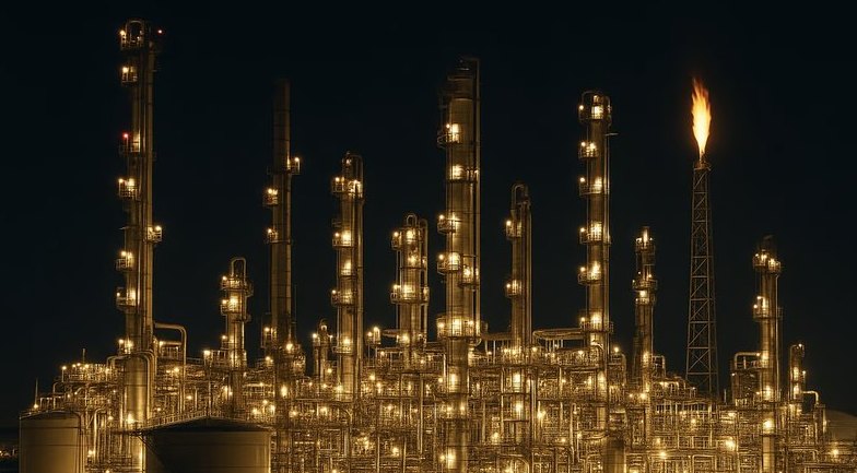 Refinery lit up at night