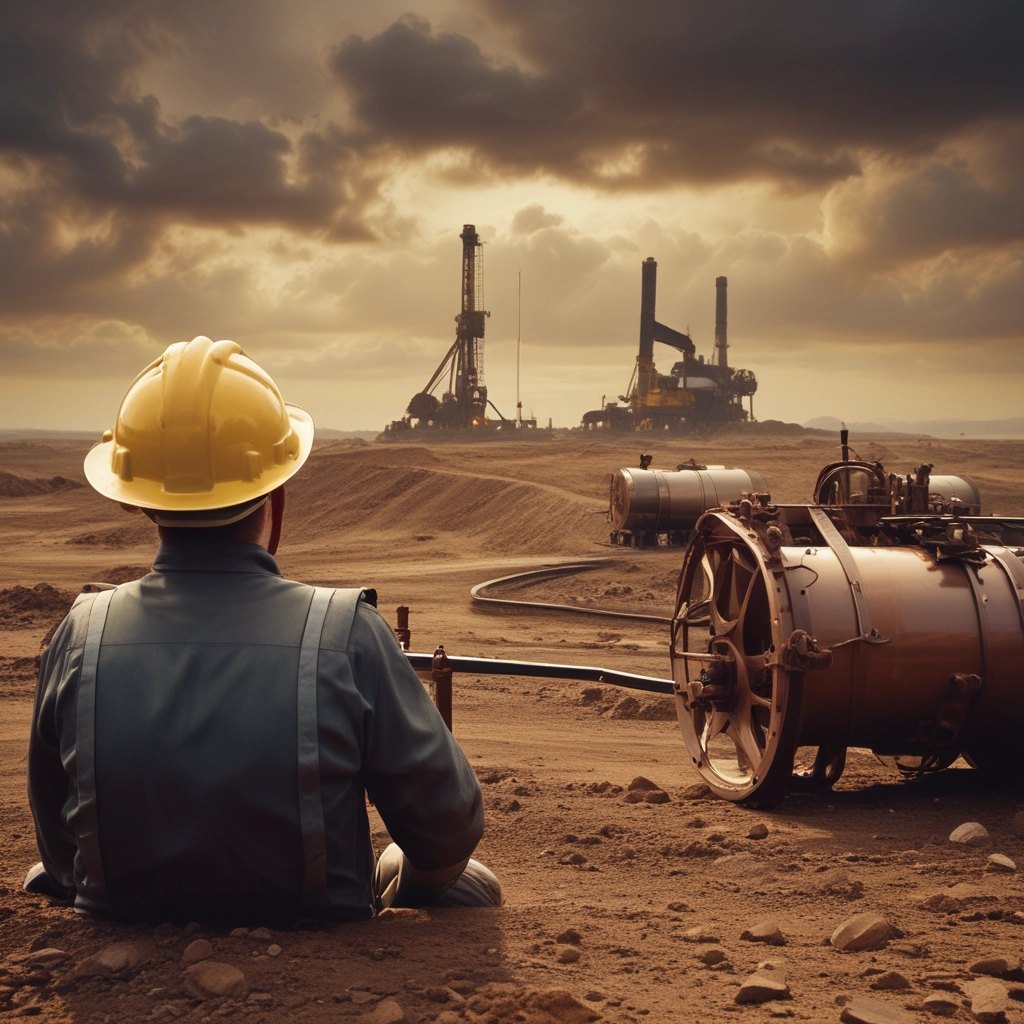 Field engineer overlooking an oil extraction site